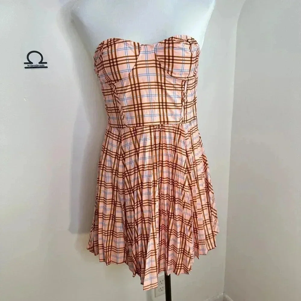 SHEIN Plaid Print Pleated Strapless Dress‎ XL